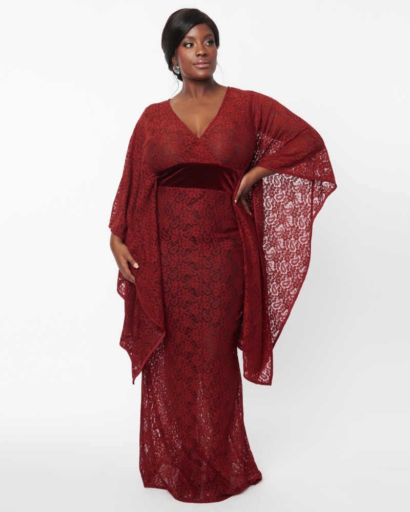 Front of a model wearing a size 1X Unique Vintage Burgundy Floral Lace Desmond Caftan Dress in Red, Floral by Unique Vintage. | dia_product_style_image_id:287048